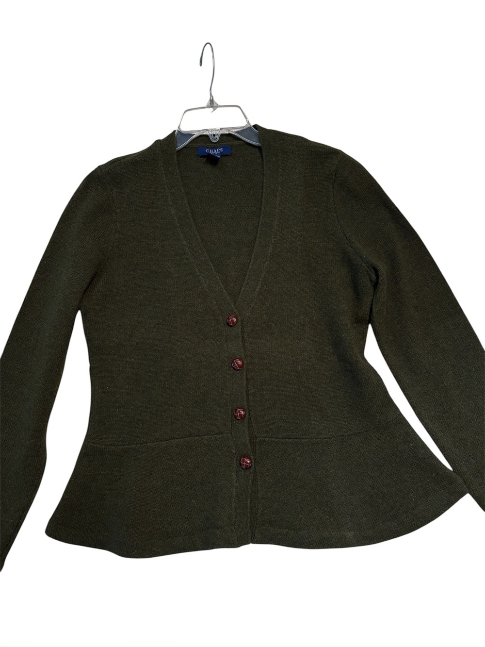 CHAPS Wool Blend Dark Olive Green Peplum Cardigan Medium EUC